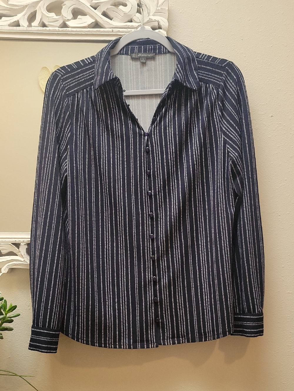 Adrianna Papell  Navy and White Vertical Stripe Button-Down Shirt